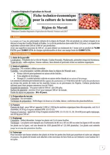 Fiche technico economique tomate Maradi 2017