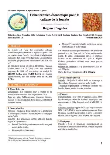 Fiche technico economique tomate cra agadez mars2020