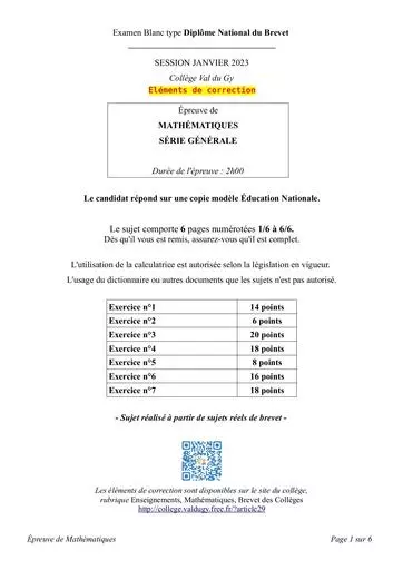 Brevet blanc math college valdugy janvier 2023 corrige