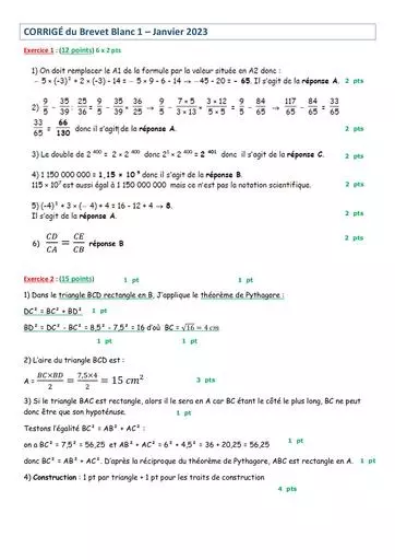 Brevet blanc math college leclerc saint gaudens janvier 2023 corrige