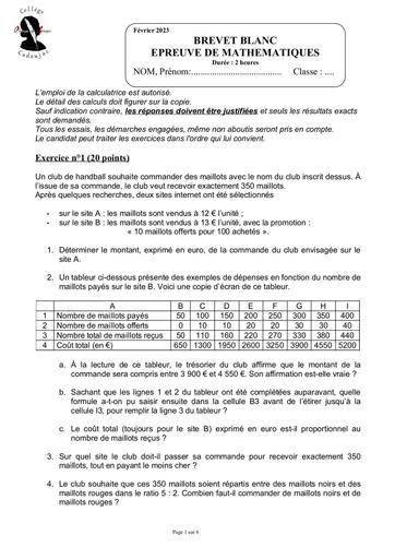 Brevet blanc math college cadaujac fevrier 2023