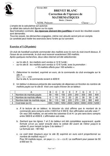 Brevet blanc math college cadaujac fevrier 2023 corrige