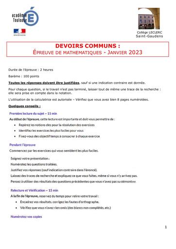 Brevet blanc math college leclerc saint gaudens janvier 2023